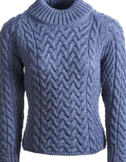 Womens Aran Fisherman Sweaters|Womens Irish Knitwear*Sweater Shop Shaped Crew Neck Sweater Merino Wool Denim Blue