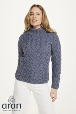 Womens Aran Fisherman Sweaters|Womens Irish Knitwear*Sweater Shop Shaped Crew Neck Sweater Merino Wool Denim Blue