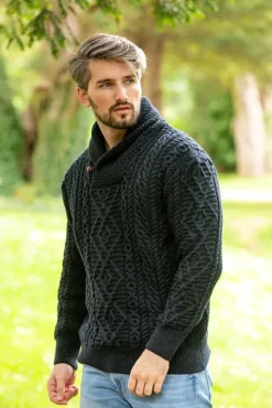 Mens Fisherman Sweaters|Mens Knitwear*Sweater Shop Shawl Neck Aran Sweater Blackwatch