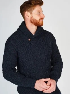 Mens Fisherman Sweaters|Mens Knitwear*Sweater Shop Shawl Neck Aran Sweater Blackwatch