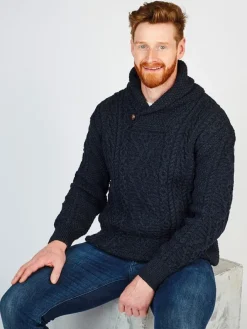 Mens Fisherman Sweaters|Mens Knitwear*Sweater Shop Shawl Neck Aran Sweater Blackwatch