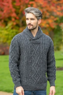 Mens Knitwear|Mens Fisherman Sweaters*Sweater Shop Shawl Neck Aran Sweater Slate