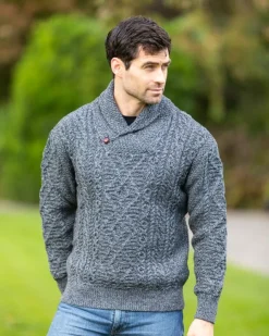 Mens Knitwear|Mens Fisherman Sweaters*Sweater Shop Shawl Neck Aran Sweater Slate