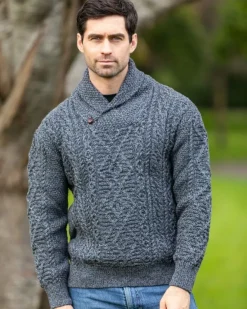 Mens Knitwear|Mens Fisherman Sweaters*Sweater Shop Shawl Neck Aran Sweater Slate