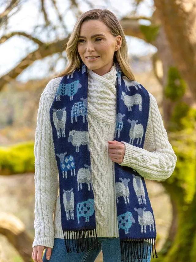 Ladies Aran Scarves*Sweater Shop Sheep Motif Scarf Navy