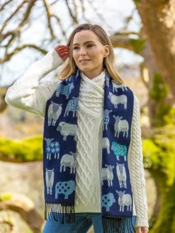 Ladies Aran Scarves*Sweater Shop Sheep Motif Scarf Navy