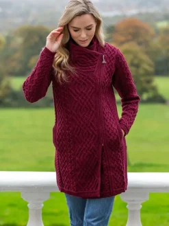 Womens Aran & Tweed Coats|Ladies Cardigans*Sweater Shop Side Zip Aran Coat Burgundy