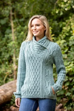 Womens Irish Knitwear|Ladies Cardigans*Sweater Shop Side Zip Cable knit Sweater with Claddagh Zip