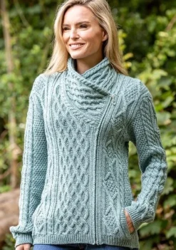 Womens Irish Knitwear|Ladies Cardigans*Sweater Shop Side Zip Cable knit Sweater with Claddagh Zip