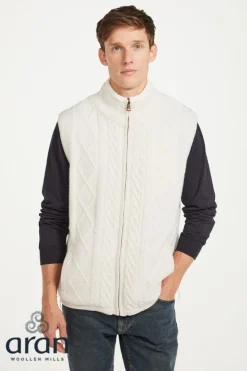 Mens Aran Cardigans|Mens Knitwear*Sweater Shop Sleeveless Lined Shetland Wool Cardigan Natural