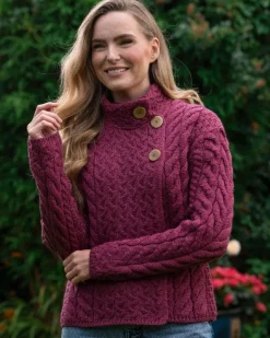Womens Irish Knitwear|Ladies Cardigans*Sweater Shop Super Soft Aran Button Cardigan Rose