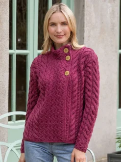 Womens Irish Knitwear|Ladies Cardigans*Sweater Shop Super Soft Aran Button Cardigan Rose