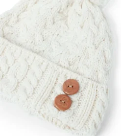 Aran Wool Hats|Ladies Hats*Sweater Shop Super Soft Aran Hat with Triskelion Buttons - natural