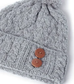 Aran Wool Hats|Ladies Hats*Sweater Shop Super Soft Aran Hat with Triskelion Buttons Oatmeal