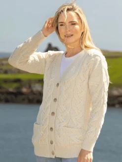 Womens Irish Knitwear|Ladies Cardigans*Sweater Shop Super Soft Aran V Neck Cardigan Natural