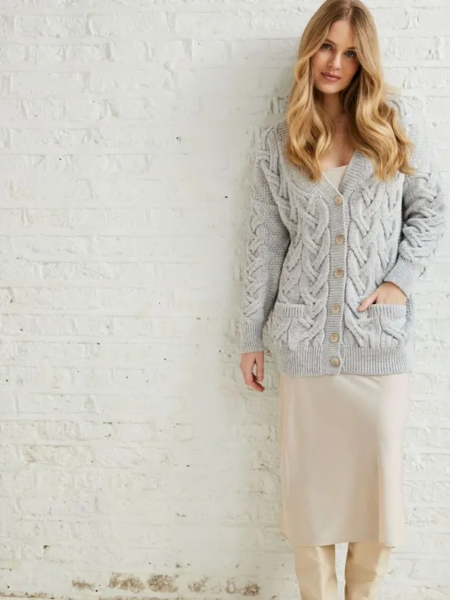 Ladies Cardigans*Sweater Shop Super Soft Aran V Neck Cardigan Silver