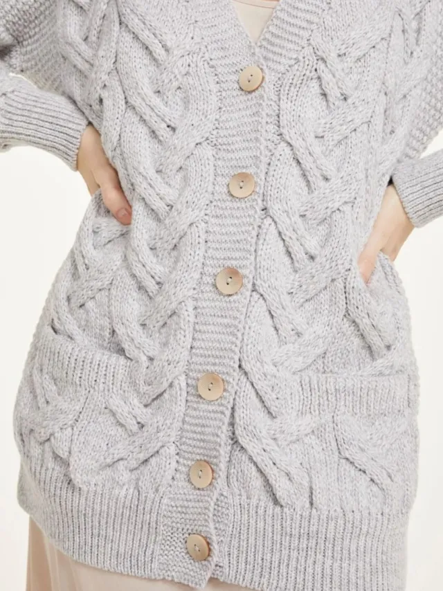 Ladies Cardigans*Sweater Shop Super Soft Aran V Neck Cardigan Silver