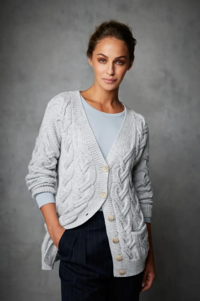 Ladies Cardigans*Sweater Shop Super Soft Aran V Neck Cardigan Silver