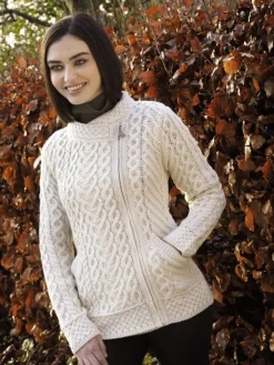Womens Irish Knitwear|Cashmere And Merino Wool Sweaters*Sweater Shop Super Soft Aran Zip Cardigan