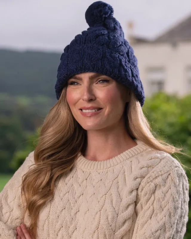 Aran Wool Hats*Sweater Shop Super Soft Cable Knit Hat with pom pom Navy