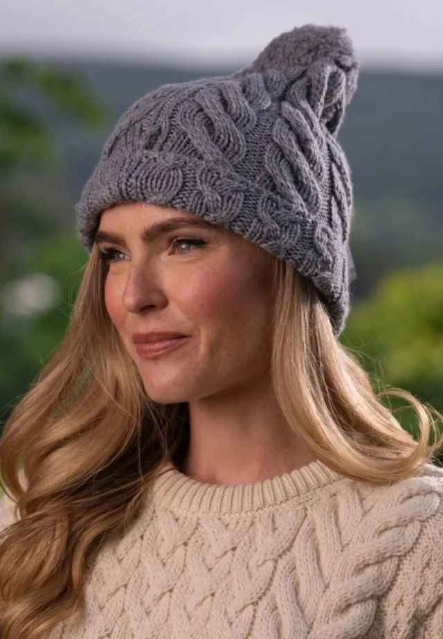 Aran Wool Hats*Sweater Shop Super Soft Cable Knit Hat with pom pom Silver
