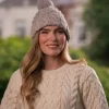 Aran Wool Hats*Sweater Shop Super Soft Cable Knit Hat with pom pom Beige