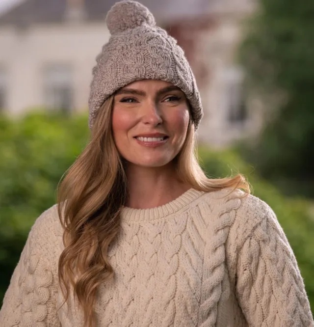 Aran Wool Hats*Sweater Shop Super Soft Cable Knit Hat with pom pom Beige