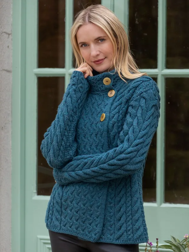 Womens Irish Knitwear|Ladies Cardigans*Sweater Shop Super Soft Merino Wool Aran Cardigan Teal