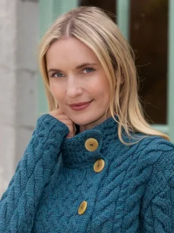 Womens Irish Knitwear|Ladies Cardigans*Sweater Shop Super Soft Merino Wool Aran Cardigan Teal
