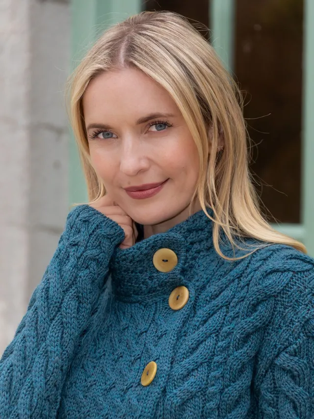 Womens Irish Knitwear|Ladies Cardigans*Sweater Shop Super Soft Merino Wool Aran Cardigan Teal