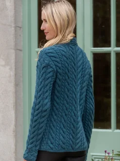 Womens Irish Knitwear|Ladies Cardigans*Sweater Shop Super Soft Merino Wool Aran Cardigan Teal