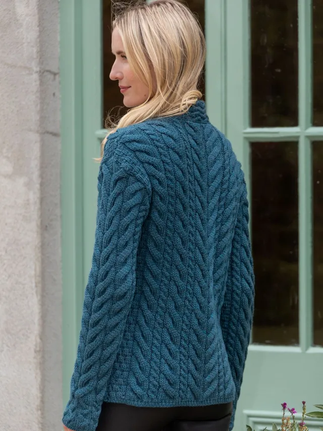 Womens Irish Knitwear|Ladies Cardigans*Sweater Shop Super Soft Merino Wool Aran Cardigan Teal