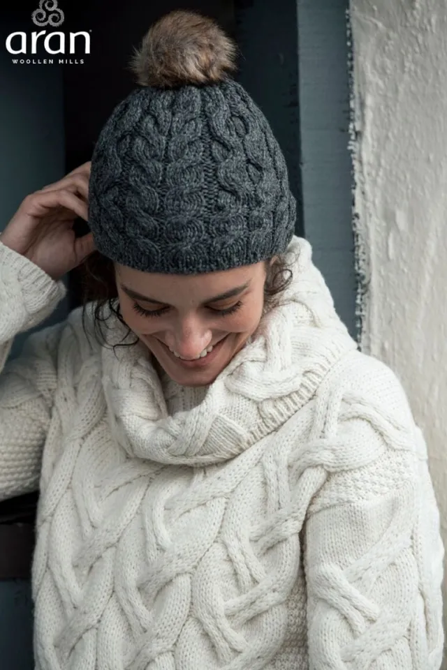 Aran Wool Hats|Ladies Hats*Sweater Shop Super Soft Merino Wool Hat with Bobble