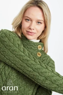 Womens Irish Knitwear|Ladies Cardigans*Sweater Shop Supersoft Aran Cardigan with 3 buttons - Green