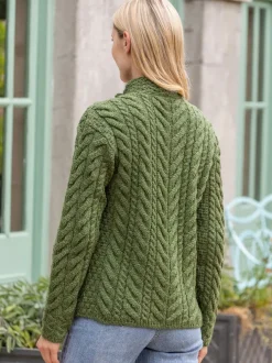 Womens Irish Knitwear|Ladies Cardigans*Sweater Shop Supersoft Aran Cardigan with 3 buttons - Green