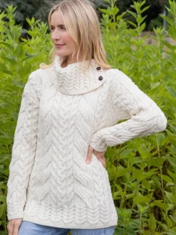 Womens Irish Knitwear|Cashmere And Merino Wool Sweaters*Sweater Shop Supersoft Button Neck Sweater - Natural