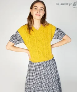 Womens Irish Knitwear*Sweater Shop Sweetpea V Neck Aran Vest Sunflower