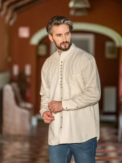 Mens Grandfather Shirts*Sweater Shop Traditional Grandfather Shirt - Stone