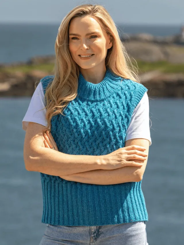Womens Irish Knitwear*Sweater Shop Trellis Crop Vest Blue
