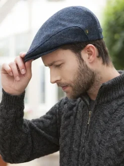 Aran Wool Hats|Mens Caps*Sweater Shop Trinity Flat Cap Blue Herringbone col.34