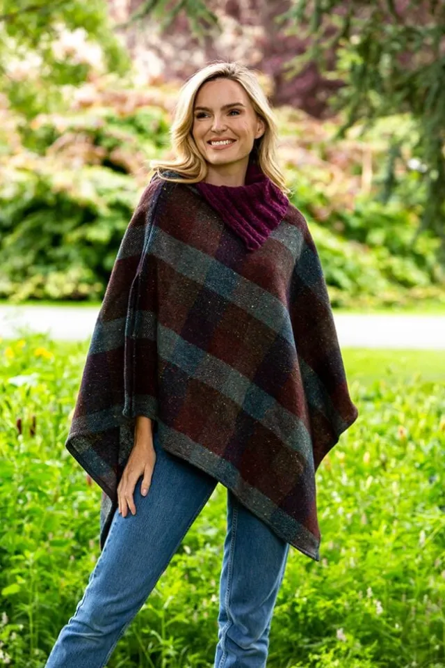 Womens Aran & Tweed Coats|Ladies Aran Ponchos & Capes*Sweater Shop Tweed Poncho with purple collar - Made in Ireland