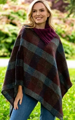 Womens Aran & Tweed Coats|Ladies Aran Ponchos & Capes*Sweater Shop Tweed Poncho with purple collar - Made in Ireland