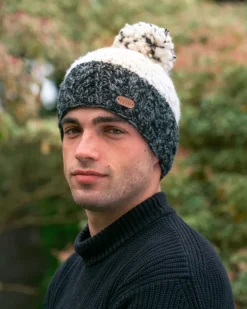 Aran Wool Hats|Mens Caps*Sweater Shop Uneven Wool Bobble Hat Charcoal