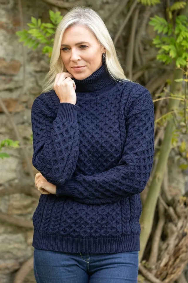 Womens Irish Knitwear|Womens Aran Fisherman Sweaters*Sweater Shop Unisex Aran Turtleneck Sweater Navy