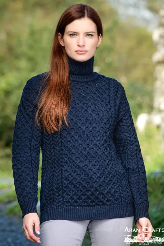 Womens Irish Knitwear|Womens Aran Fisherman Sweaters*Sweater Shop Unisex Aran Turtleneck Sweater Navy