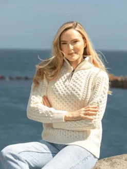 Womens Irish Knitwear|Womens Aran Fisherman Sweaters*Sweater Shop Unisex Half Zip Merino Wool Sweater Natural