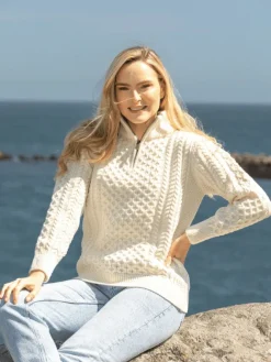 Womens Irish Knitwear|Womens Aran Fisherman Sweaters*Sweater Shop Unisex Half Zip Merino Wool Sweater Natural