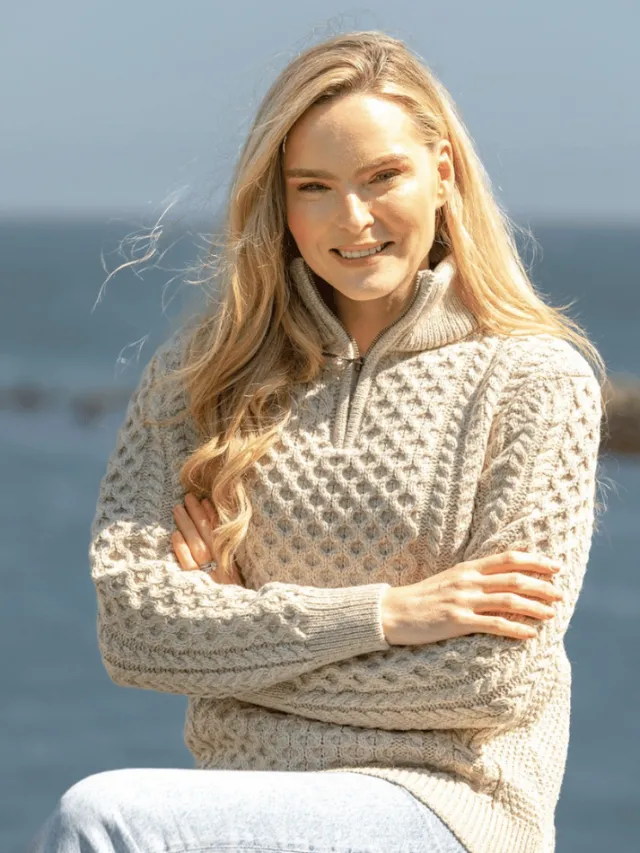 Womens Irish Knitwear|Womens Aran Fisherman Sweaters*Sweater Shop Unisex Half Zip Merino Wool Sweater Parsnip