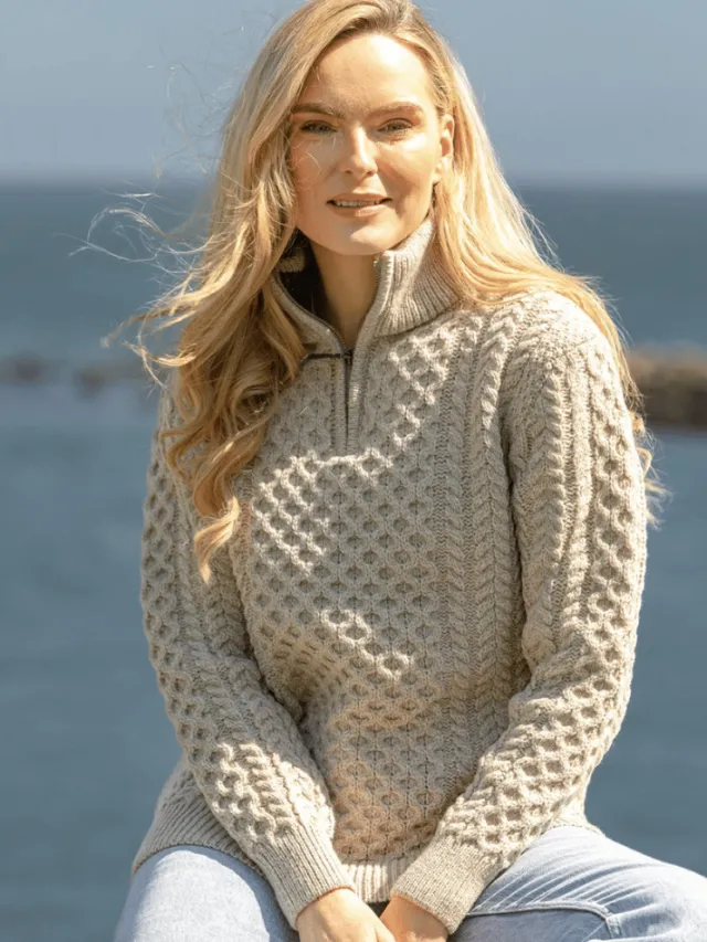 Womens Irish Knitwear|Womens Aran Fisherman Sweaters*Sweater Shop Unisex Half Zip Merino Wool Sweater Parsnip