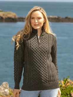 Womens Irish Knitwear|Womens Aran Fisherman Sweaters*Sweater Shop Unisex Half Zip Merino Wool Sweater Green Marl